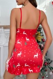 Red Sexy Living Print Backless Christmas Day Lingerie