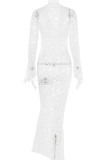 White Street Solid Lace Patchwork See-through V Neck Long Dress Dresses