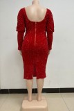 Rote, lässige, feste Pailletten-Patchwork-U-Ausschnitt-Langarm-Kleider in Übergröße