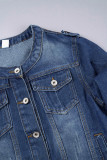 Blaue, lässige, solide Patchwork-Jeansjacke mit O-Ausschnitt und langen Ärmeln