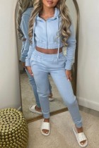 Light Blue Casual Solid Basic Hooded Collar Long Sleeve Two Pieces Cropped Jackets Sets And Pants Set
