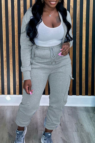 Grey Sportwear Casual Hooded Collar Long Sleeve Crop Jackets And Cargo Pants Two Pieces Sweatsuit Sets