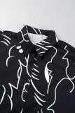 Schwarzer, lässiger, bedruckter, Patchwork-Schnalle-Hemdkragen mit langen Ärmeln, zweiteilig