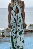 Green Casual Print Slit Turtleneck Sleeveless Two Pieces