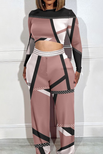 Pink Street Color Block Patchwork O Neck Plus Size Two Pieces