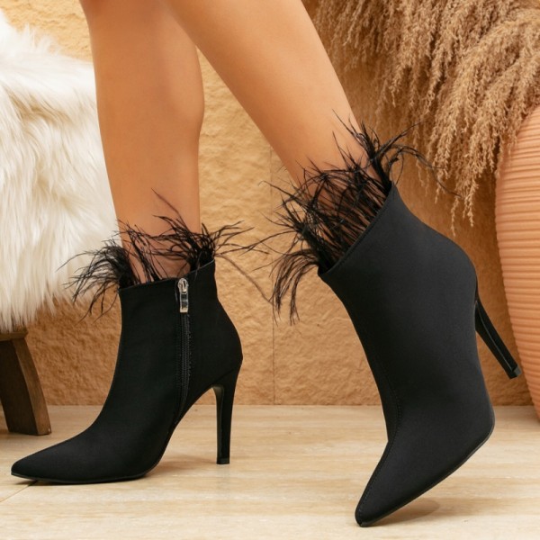 Black Casual Patchwork Feathers Solid Color Pointed Out Door Shoes (Heel Height 3.94in)