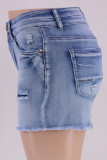 Blue Street Solid Ripped Patchwork Pocket Buttons Dragkedja Mid midja Vanliga jeansshorts