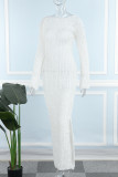 Белые повседневные однотонные длинные платья с открытой спиной и круглым вырезом