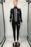 Black Casual Print Letter Zipper Collar Long Sleeve Two Pieces