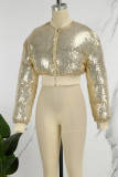 Yellow Casual Patchwork Sequins O Neck Outerwear