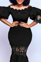 Schwarze, elegante, einfarbige, ausgeschnittene, schulterfreie Trompeten-Meerjungfrauenkleider im Patchwork-Stil