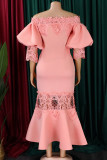 Pink Elegant Solid Lace Hollowed Out Patchwork Off the Shoulder Trumpet Mermaid Dresses