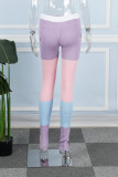 Розово-красные повседневные лоскутные брюки с контрастными вырезами и обычной высокой талией, обычные лоскутные брюки
