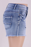 Blue Street Solid Patchwork Pocket Buttons Zipper Mid Waist Regular Distressed Ripped Denim Shorts
