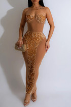 Vestido longo sexy dourado com lantejoulas e patchwork transparente sem costas com alça espaguete