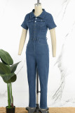Повседневные однотонные джинсовые комбинезоны цвета индиго с отложным воротником и короткими рукавами в стиле пэчворк
