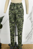 Lässige Hose in Armeegrün mit Tarnmuster, Patchwork, Kordelzug, Tasche, normale mittlere Taille, herkömmliche Volldruckhose