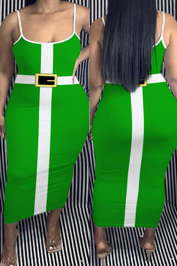 Verde Sexy Casual Estampado Sem Costas Vestido Longo Alça Espaguete Vestidos Tamanho Grande