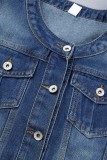 Синяя повседневная однотонная джинсовая куртка с круглым вырезом и длинными рукавами в стиле пэчворк