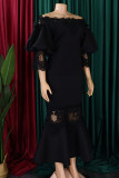 Black Elegant Solid Lace Hollowed Out Patchwork Off the Shoulder Trumpet Mermaid Dresses