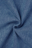 Azul Casual Sólido Rasgado Patchwork Fenda Cintura Alta Saias Jeans Regulares