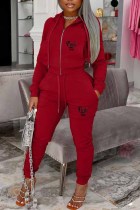 Red Casual Print Letter Hooded Collar Long Sleeve Two Pieces