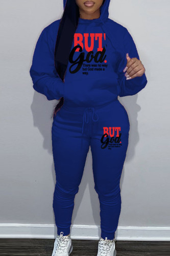Blue Sportwear Casual Letter Print Hooded Collar Long Sleeve Sweatshirt And Draw String Pants Two Pieces Sweatsuit Sets