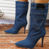 Sapatos casuais azuis com patchwork apontado para porta (altura do salto 3.54 pol.)