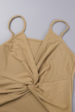 Coffee Sexy Casual Solid Backless Spaghetti Strap Tops