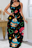 Black Red Sexy Casual Print Backless Spaghetti Strap Long Dress Dresses