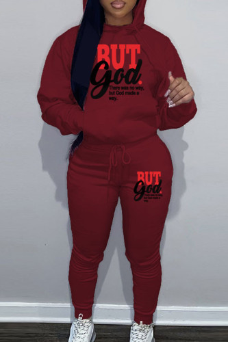 Burgundy Sportwear Casual Letter Print Hooded Collar Long Sleeve Sweatshirt And Draw String Pants Two Pieces Sweatsuit Sets