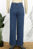 Jeans in denim regolari a vita media con bottoni tasca patchwork scavati con fasciatura casual casual blu scuro