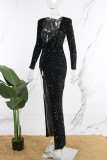Черные сексуальные лоскутные блестки с разрезом и V-образным вырезом, длинные платья