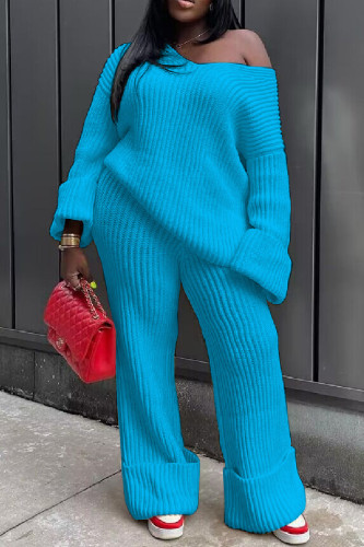 Light Blue Casual Solid Basic V Neck Long Sleeve Two Pieces