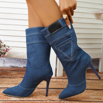 Синие повседневные туфли в стиле пэчворк с острым носом (высота каблука 3.54 дюйма)