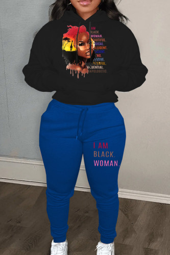Blue Black Sportwear Casual Graphics Print Hooded Collar Long Sleeve Sweatshirt And Draw String Pants Two Pieces Sweatsuit Sets