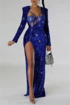 Blue Sexy Patchwork Sequins Slit V Neck Long Sleeve Two Pieces