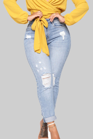 Light Blue Elegant Solid Patchwork Pocket Buttons Zipper High Waist Skinny Ripped Denim Jeans