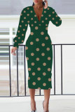 Vert décontracté point patchwork col en V jupe crayon robes de grande taille