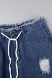 Bleu profond décontracté solide pansement évidé Patchwork poche boutons fermeture éclair taille moyenne jean en Denim régulier