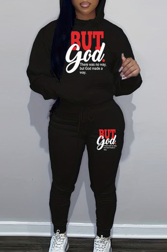 Black Sportwear Casual Letter Print Hooded Collar Long Sleeve Sweatshirt And Draw String Pants Two Pieces Sweatsuit Sets