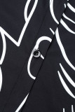 Zwarte casual print patchwork gesp overhemdkraag lange mouw twee stukken