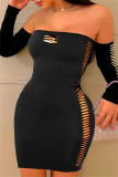 Black Sexy Casual Solid Hollowed Out Backless Off the Shoulder Long Sleeve Dresses