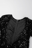 Schwarze sexy Patchwork-Pailletten, geschlitzt, langes Kleid mit V-Ausschnitt