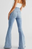 Jeans skinny casual a vita alta con patchwork solido azzurro