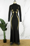 Zwarte straatprint patchwork coltrui lange jurk jurken