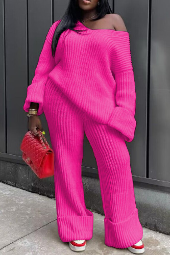 Rose Red Casual Solid Basic V Neck Long Sleeve Two Pieces