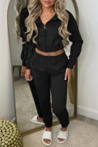 Black Casual Solid Basic Hooded Collar Long Sleeve Two Pieces Cropped Jackets Sets And Pants Set