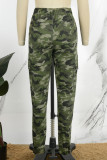 Lässige Hose in Armeegrün mit Tarnmuster, Patchwork, Kordelzug, Tasche, normale mittlere Taille, herkömmliche Volldruckhose