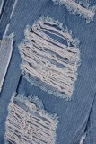 Синие повседневные однотонные джинсовые юбки обычного размера с рваными лоскутными разрезами и высокой талией